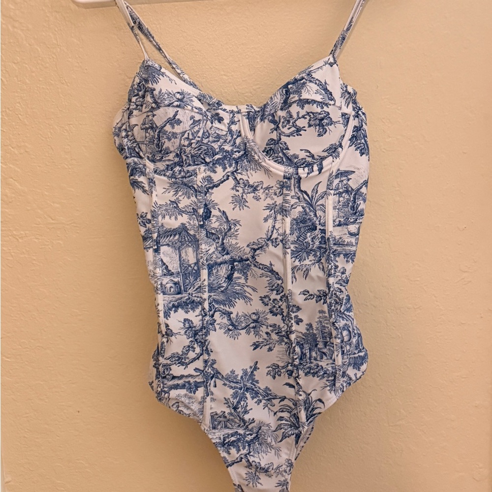 Blue and White One Piece Swimsuit